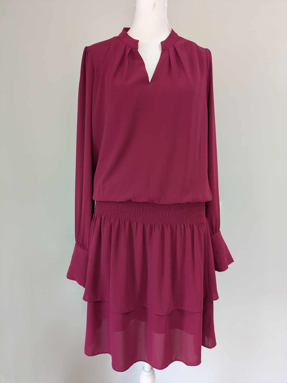 White House Black Market Burgundy Long-Sleeve Tiered Blouson Dress